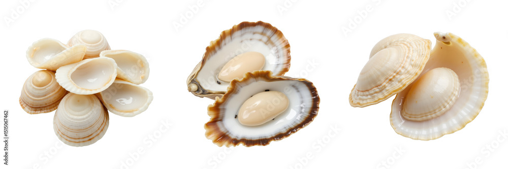 Poster collection of seashells featuring white scallops and open oysters with pearls set against a transpar