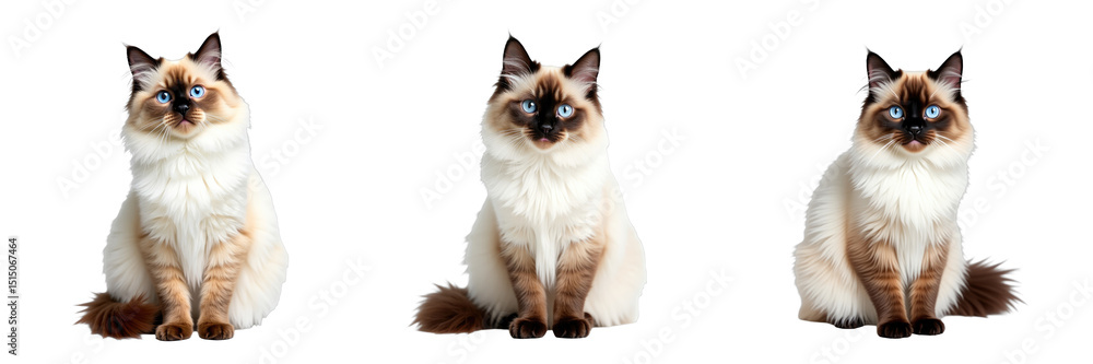 Poster three ragdoll cats with distinct color patterns sitting symmetrically against a transparent backgrou