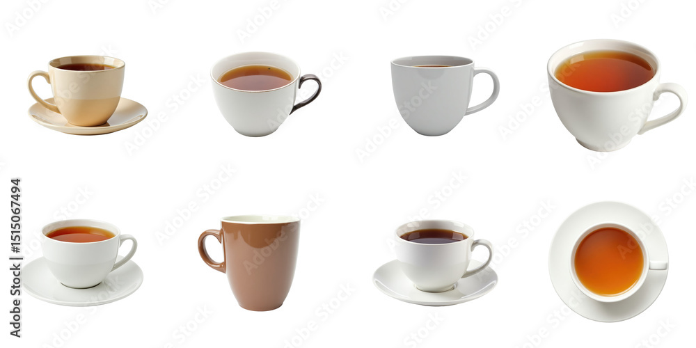 Poster variety of tea cups displayed on transparent background featuring different styles and colors with l