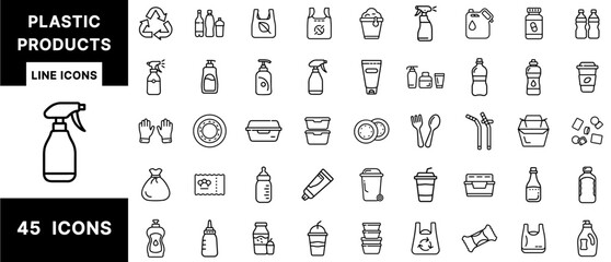 Plastic Products Line Icons Set Featuring Bottles, Containers, Straws, Packaging, Spray Bottles, Bags, Cutlery, Tubes, Gloves, Cups, and Household Plastic Items