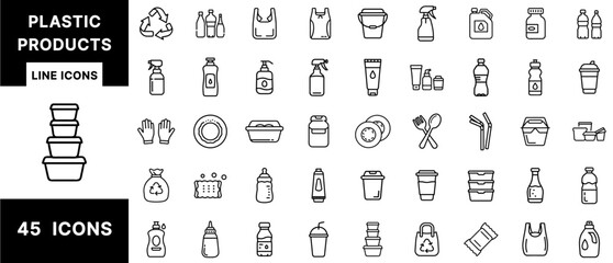 Plastic Products Line Icons Set Featuring Bottles, Containers, Straws, Packaging, Spray Bottles, Bags, Cutlery, Tubes, Gloves, Cups, and Household Plastic Items