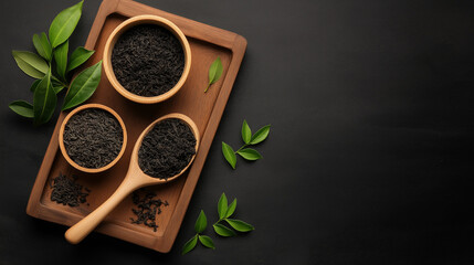 Black tea leaves in wooden bowls on a dark background with green tea leaves