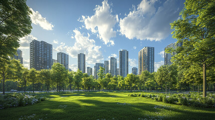 Obraz premium stunning view of modern eco friendly city with lush greenery and tall buildings