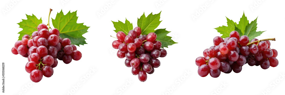 Poster clusters of fresh red grapes with green leaves displayed on a transparent background showcasing thre