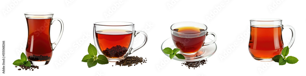 Poster collection of various teas in clear glass cups with green mint leaves displayed on a transparent bac