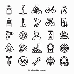 Bicycle-themed line art icon collection features 25 simple yet stylish black-and-white illustrations. Clean, modern aesthetic and arranged in a neat grid format, perfect for both digital and print use
