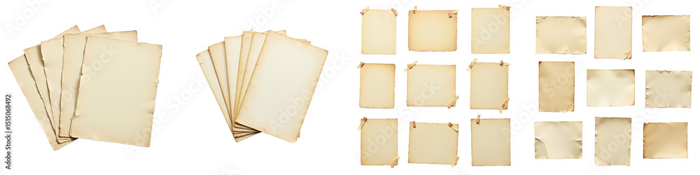 Poster collection of vintage aged paper sheets with torn edges and clips displayed on a transparent backgro