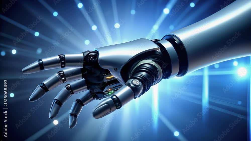 Poster close-up of a high-tech prosthetic arm with glowing circuits and mechanical joints, illustrating adv