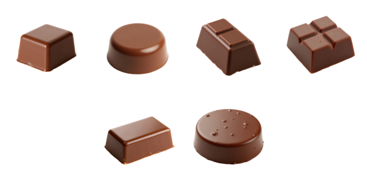 Collection of various chocolate candies arranged on a transparent background featuring distinct shapes including squares, rounds, and rectangles with glossy surfaces.