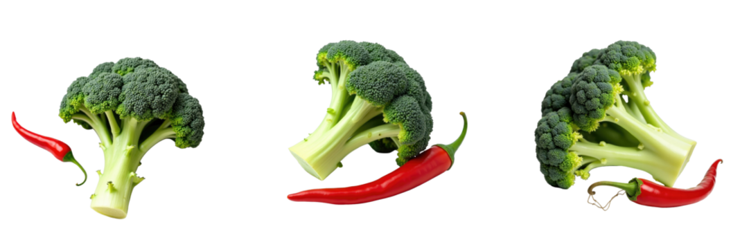 Fresh Broccoli and Red Chili Peppers Displayed in a Trio Arrangement on a transparent Background, Highlighting Vibrant Colors and Textures of Each Vegetable in PNG Format - Powered by Adobe