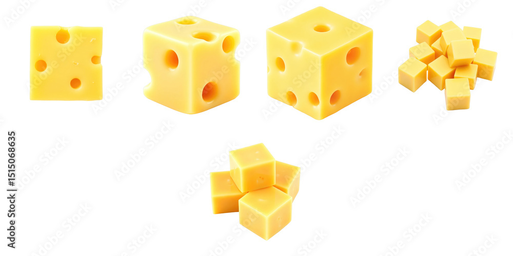 Poster variety of yellow cheese cubes with different shapes and sizes on transparent background including h