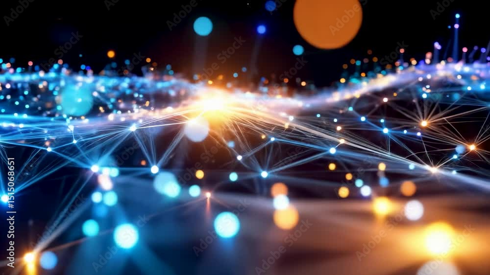 Poster stylized digital visualization of a glowing fiber optic network, representing data flow and neural c