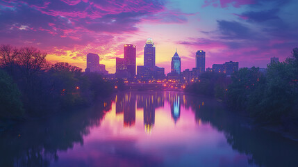 Stunning skyline of Indianapolis at sunset, reflecting on water with vibrant colors