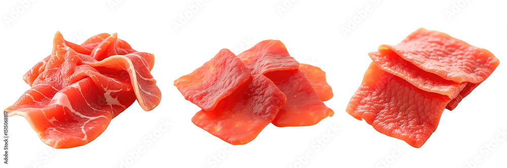 Poster slices of various types of raw meat displayed on a transparent background, showcasing thinly cut pie