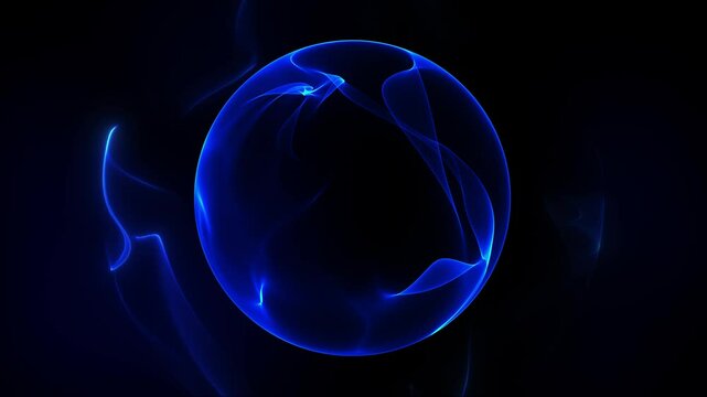 The flow of a blue magical glowing sphere of waves of energy against a circular vortex of fractals of space. Futuristic core rotating on the sci fi fantasy dark abstract background. 4k 60 fps looped.