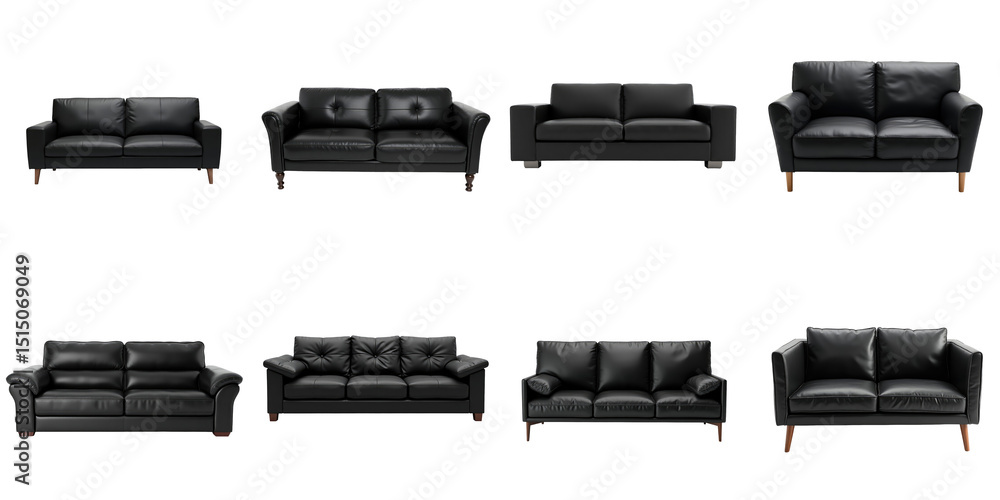 Poster collection of transparent leather sofas displayed on a transparent background featuring various styl
