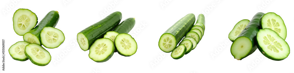 Poster freshly sliced cucumbers displaying various cuts and shapes on a transparent background featuring wh