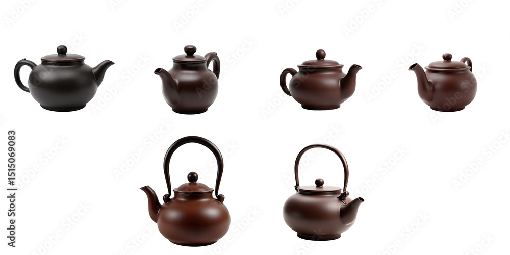 Poster collection of six stylish teapots in various designs and colors featuring smooth surfaces and elegan