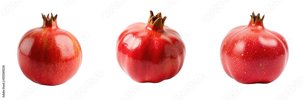 Poster three glossy pomegranates on transparent background showcasing vibrant red skin and unique textures 