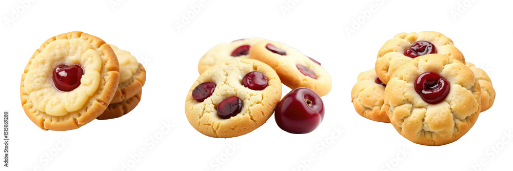 Poster assortment of cherry topped cookies on a transparent background featuring round cookies with cherry 