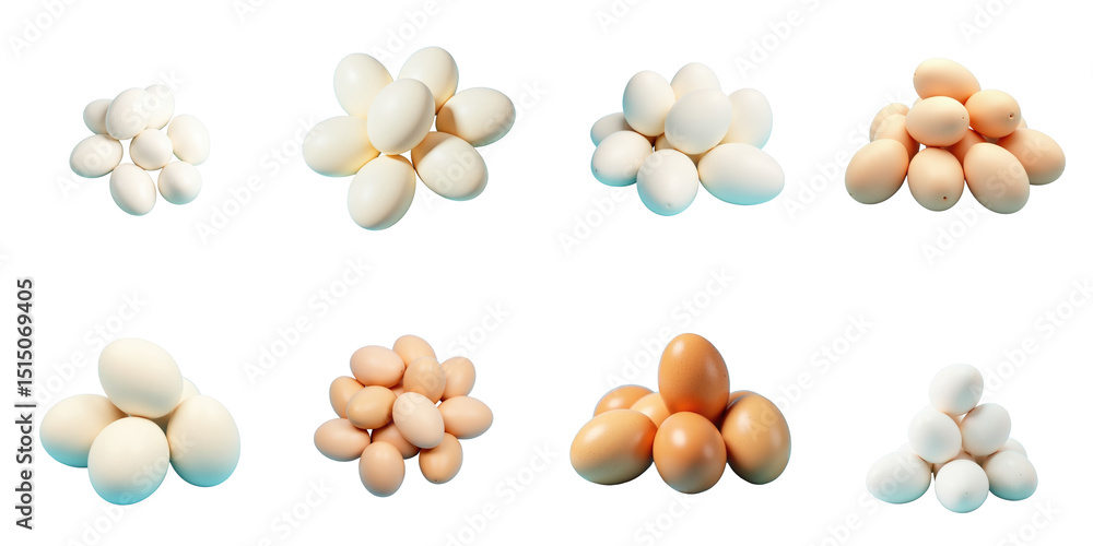 Poster variety of eggs displayed on a transparent background featuring different sizes and colors arranged 