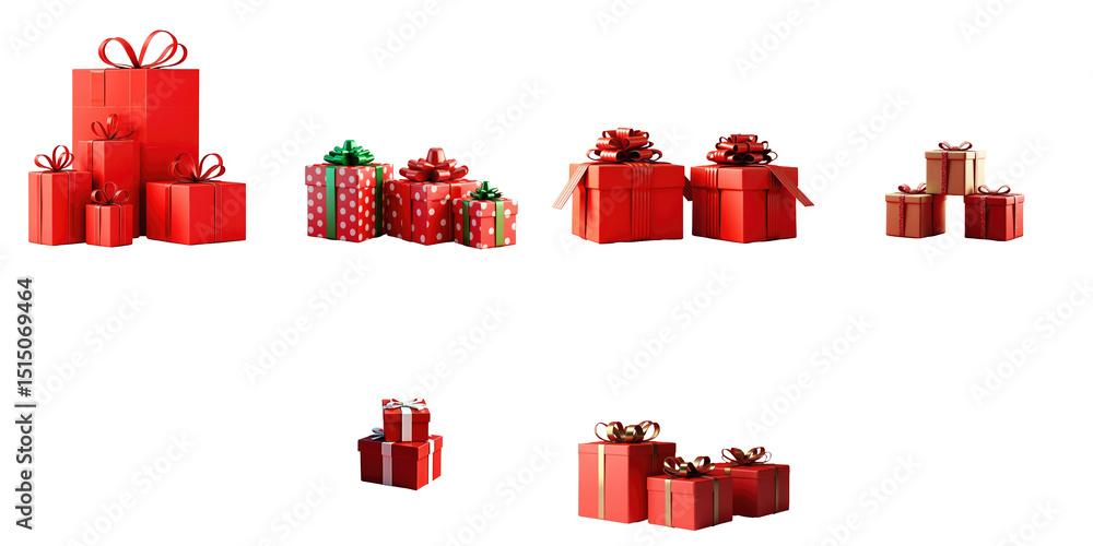 Poster collection of colorful christmas gift boxes in various sizes with ribbon and decorative patterns on 