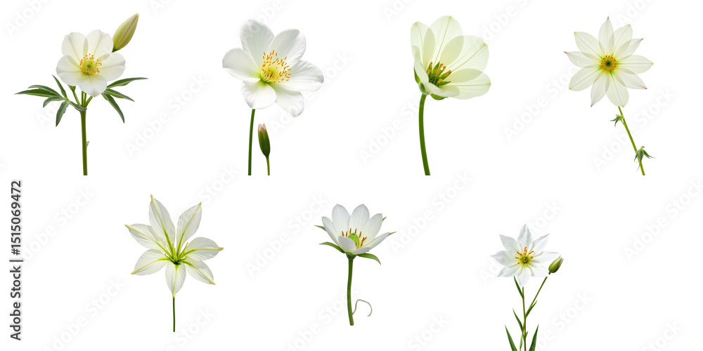 Aufkleber collection of white flowers on transparent background featuring various blooms in unique stages of b