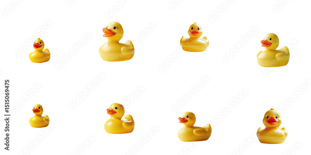 Poster collection of yellow rubber ducks on transparent background featuring various sizes and poses ideal 