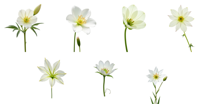 Collection of White Flowers on transparent Background Featuring Various Blooms in Unique Stages of Blooming with Different Petal Shapes and Leaf Structures