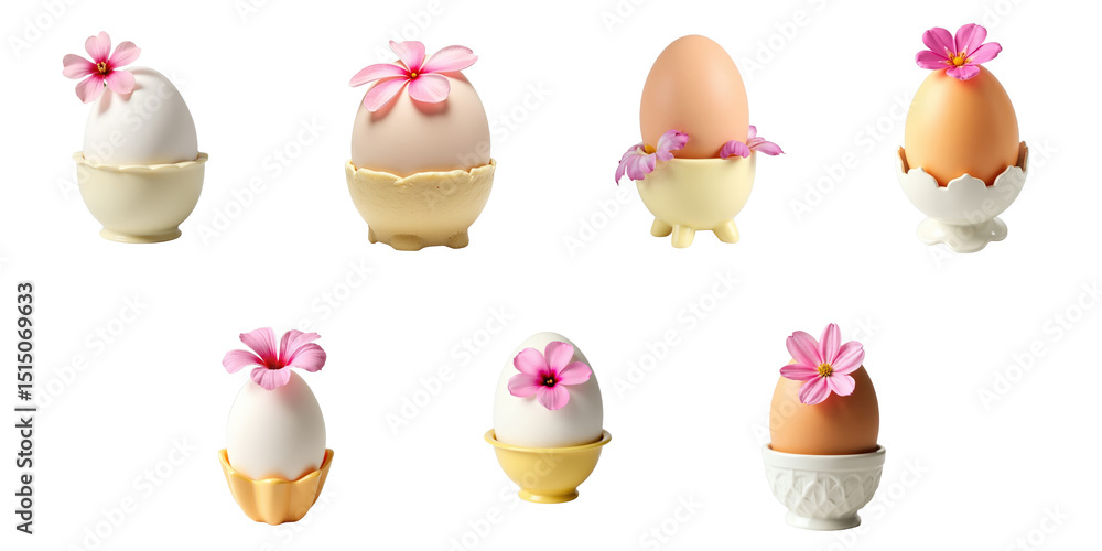 Poster collection of decorated eggs displayed in various holders with pink flowers on a transparent backgro