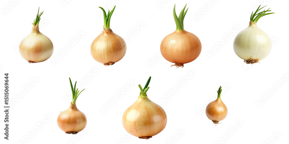 Aufkleber variety of fresh onions with green sprouts displayed on a transparent background showcasing differen
