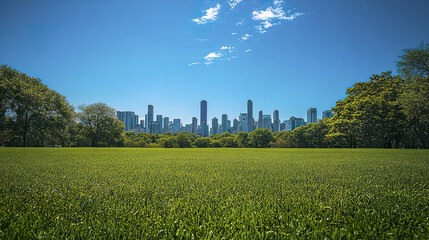 vibrant green field with city skyline under clear blue sky evokes sense of tranquility
