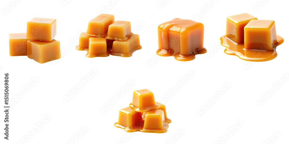 Poster caramel cubes and melted caramel display on a transparent background featuring various sizes and sha