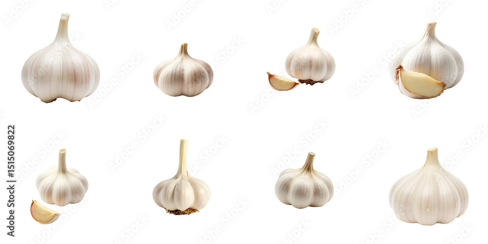 Aufkleber assorted garlic variants displayed on a transparent background featuring whole bulbs, cloves, and di