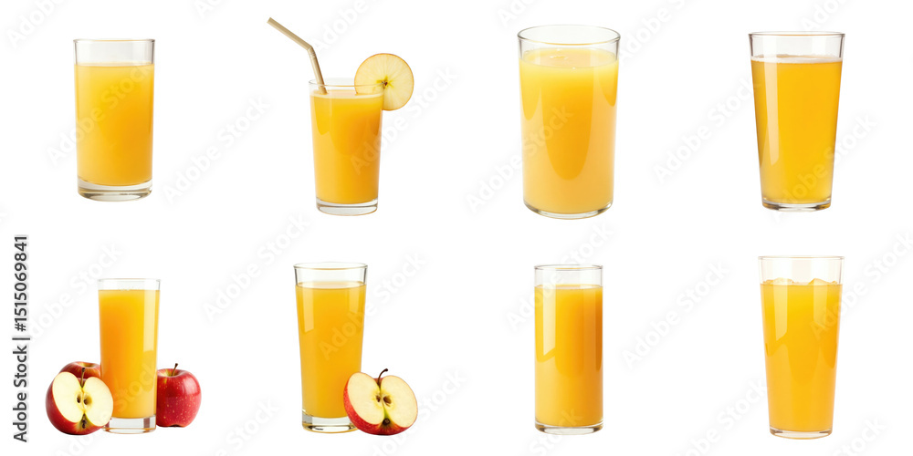 Poster variety of freshly squeezed juices in clear glasses with apples displayed on a transparent backgroun