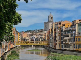 Colorful buildings of Girona, Spain, reflected in the Onyar River