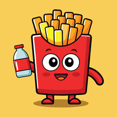 Cute cartoon french fries mascot holding a drink bottle illustration
