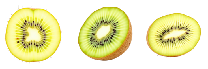 Sliced Kiwi Fruit Display Featuring Three Sections Showcasing Vibrant Green Flesh, Tiny transparent Seeds, and Smooth Yellowish Outer Skin Against a transparent Background