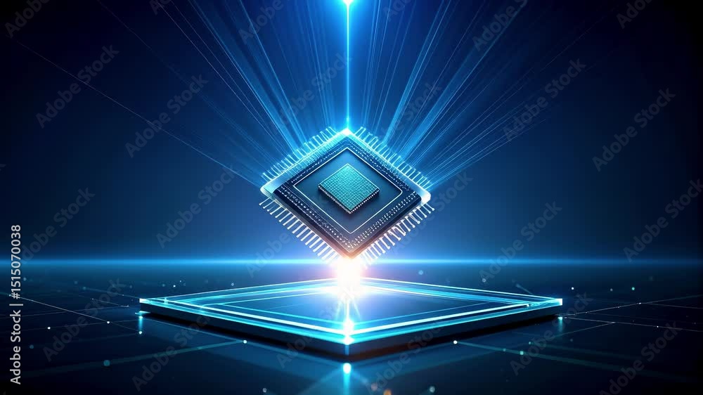 Poster digital nano chip levitating above a glowing platform with beams of light and data lines, representi
