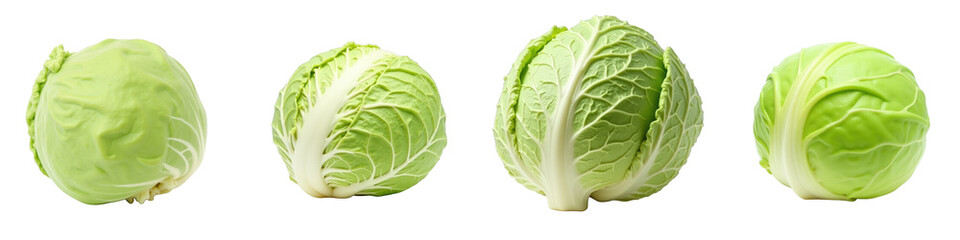 Fototapeta premium Collection of Fresh Green Cabbages Displayed in Various Angles on a transparent Background Showcasing their Textured Leaves and Round Shapes for Culinary or Design Use