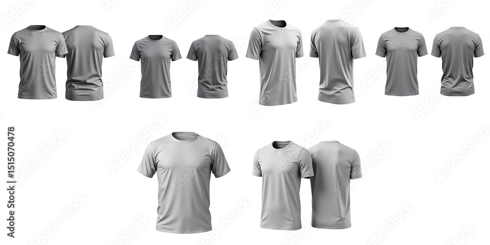 Poster collection of various gray t-shirts displayed from multiple angles on a transparent background featu