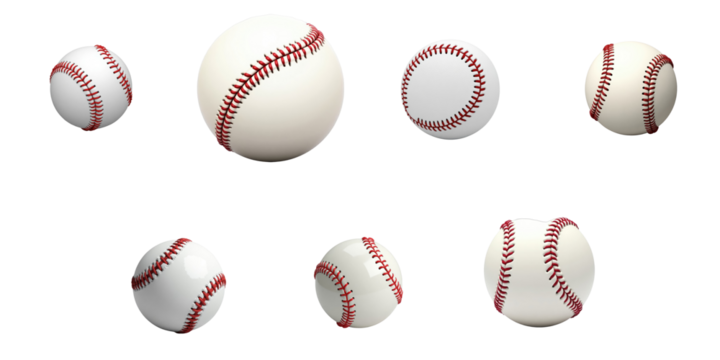 Collection of glossy white baseballs with red stitching, displayed in various sizes against a transparent background, showcasing their spherical shapes and intricate details.