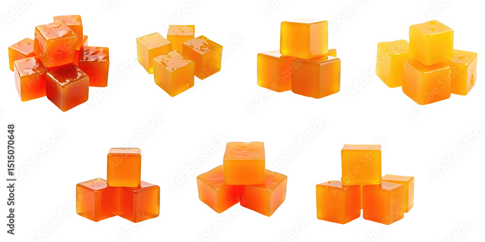 Poster Collection of Orange Gelatin Cubes on transparent Background Featuring Various Arrangements and Shapes of Translucent Cubes with Glossy Surface and Vivid Color Variation