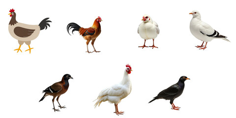 Fototapeta premium Variety of Cartoon and Realistic Birds in Diverse Poses Featuring a Hen, Rooster, Pigeons, and Other Fowl Set Against a Solid transparent Background
