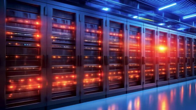 A glowing server room with red warning lights flashing on multiple racks, signaling an overheating alert in a high-tech data center.