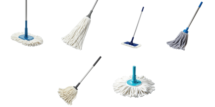 Collection of Six Different Mops with Varied Designs and Accessories on a transparent Background, Featuring Traditional and Flat Mops with Distinctive Handles and Mop Heads