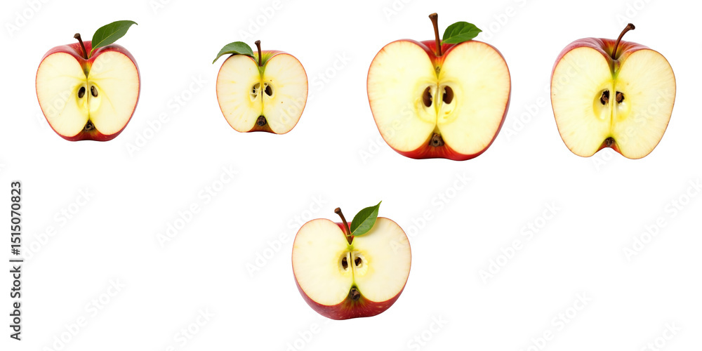 Poster sliced red apples displayed on transparent background in various sizes with green leaves, showcasing
