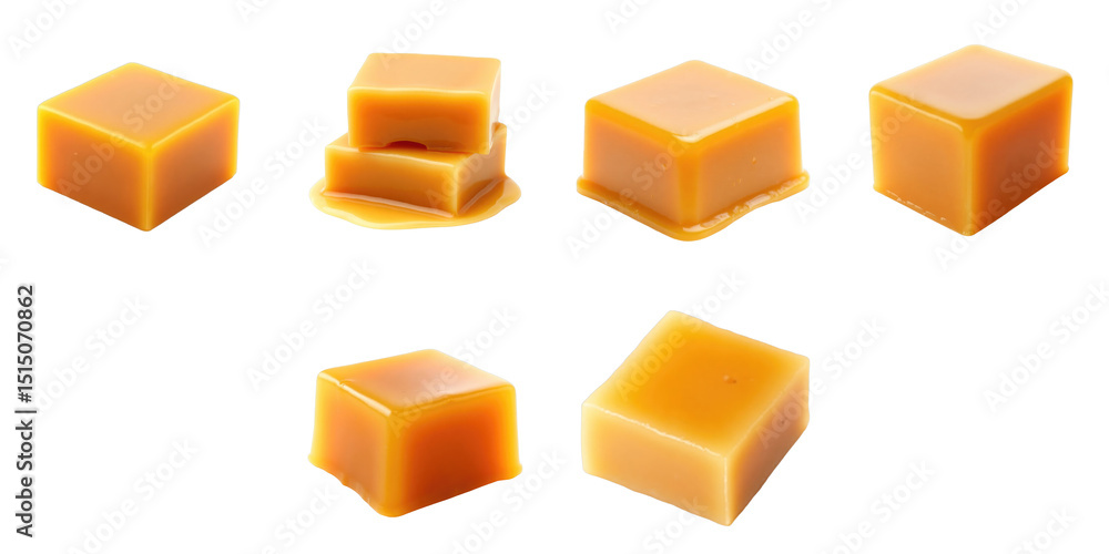 Poster variety of orange square jelly candies displayed on a transparent background featuring different sha