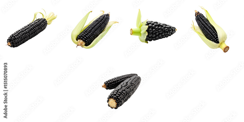 Poster collection of transparent corn ears displayed with husk showing varied orientations on transparent b