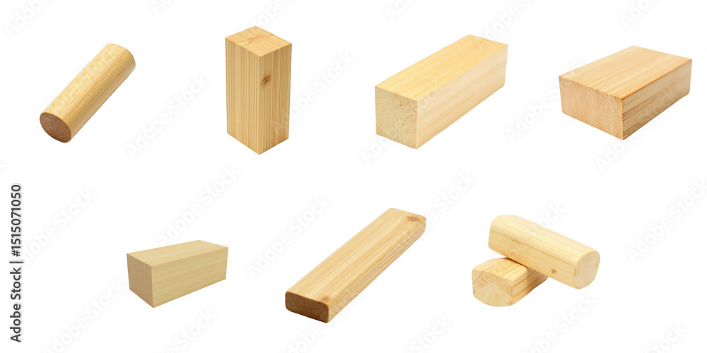Aufkleber collection of various wooden shapes displayed on a transparent background featuring cylinders, recta